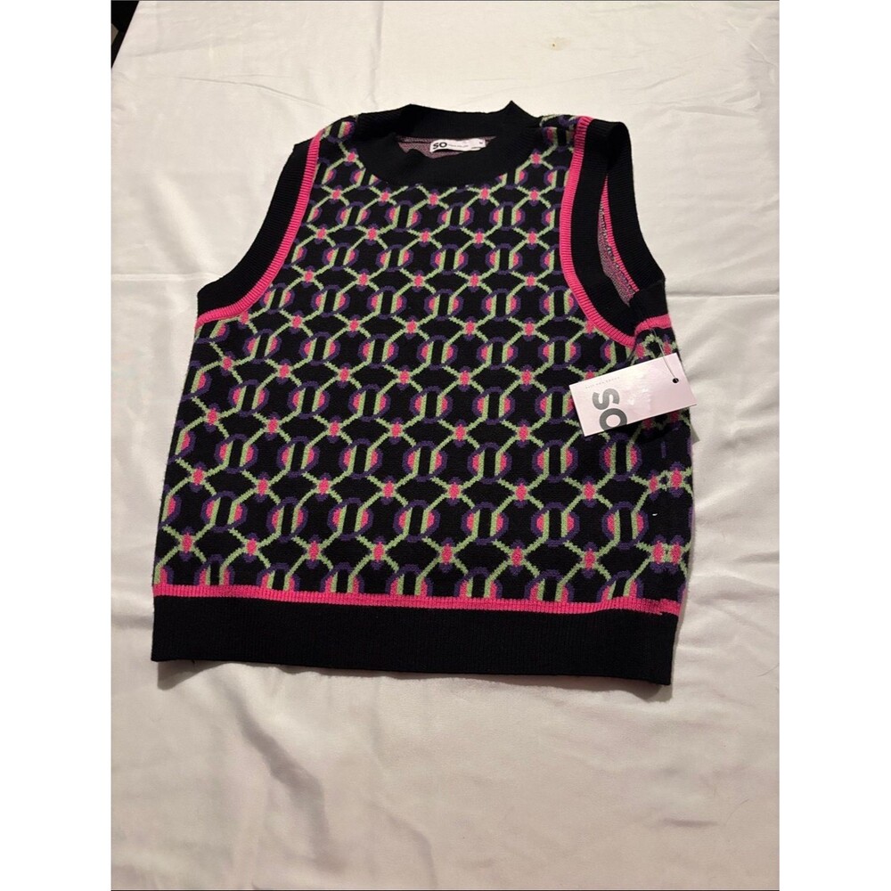 SO Black Knit Tank Top with Pink and Green Geometric Pattern
